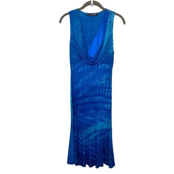 Roberto Cavalli Dresses & Skirts - Roberto Cavalli Cowl Neck Silk Ruffle Midi Dress 38 Y2K Blue Sexy Vacation Beach
